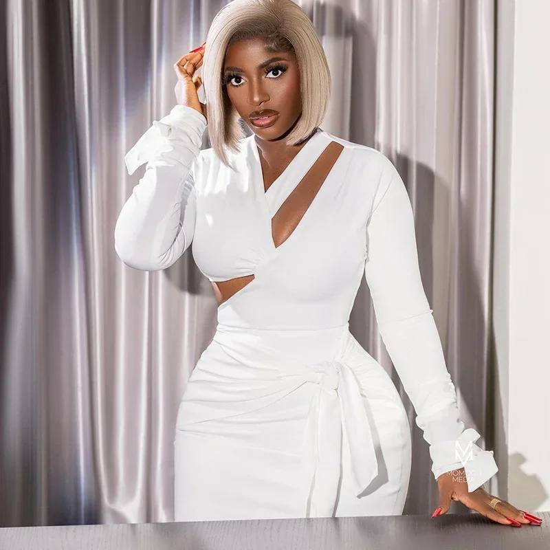 Elegant Black White Bodycon Dresses for Woman Long Sleeve - Image 7