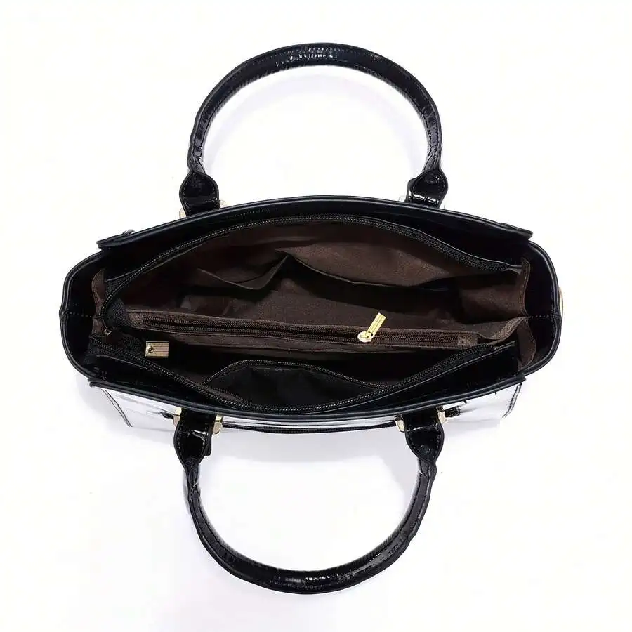 Glossy Black Croc-Embossed Top Handle Tote with Matching Wristlet Set - Image 3