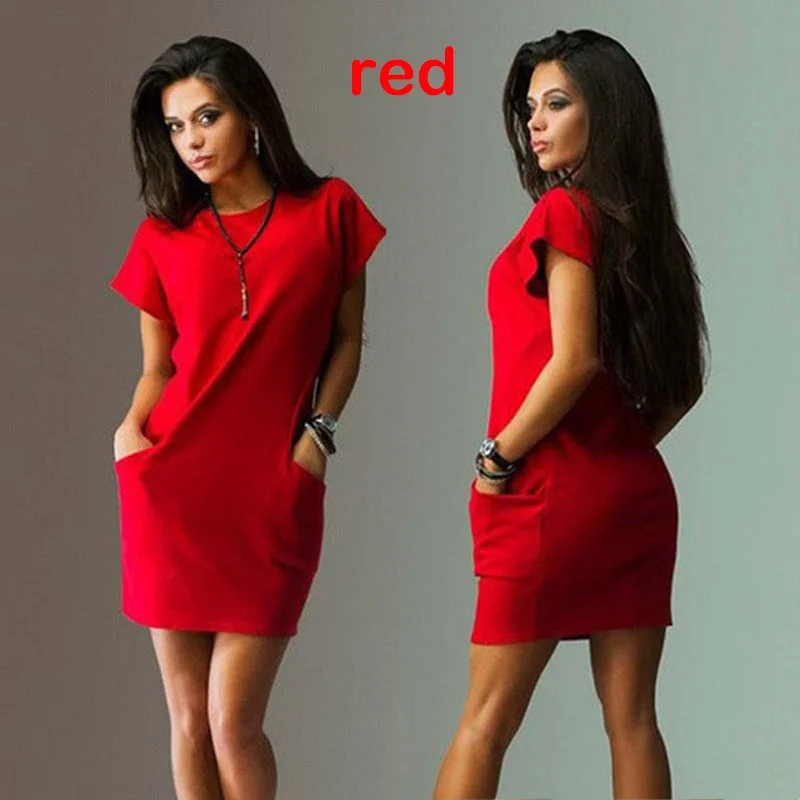 Women Dress Solid Color Mini O Neck Office Pockets Dresses - Image 3