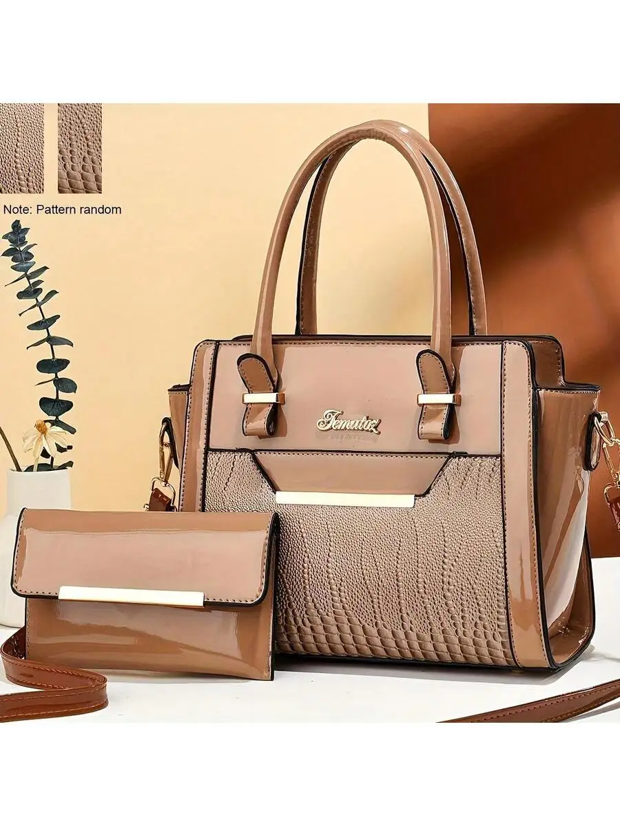 Glossy Black Croc-Embossed Top Handle Tote with Matching Wristlet Set - Image 8