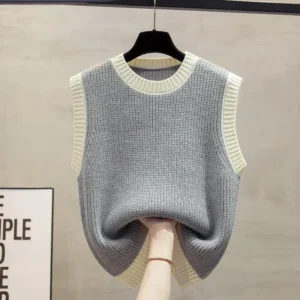 Alternative view of Round Neck Knitted Vest for Women 2025 Spring and Autumn New Style Loose Outer Vest Vest Color Matching Layered Sweater Vest