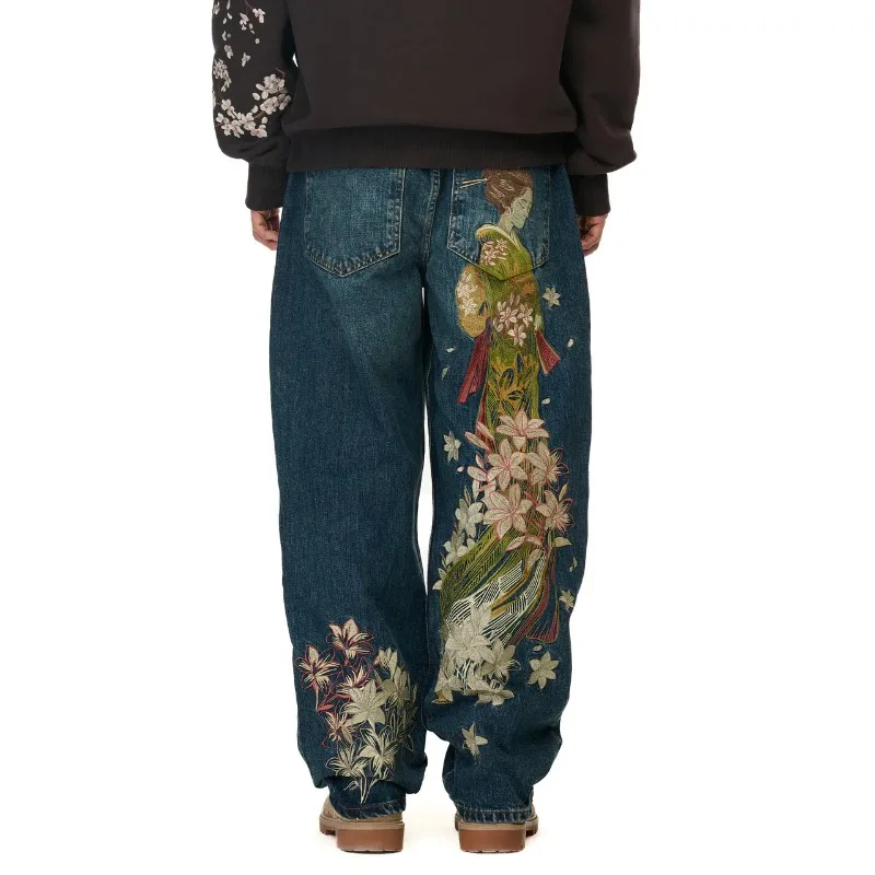 Y2K Baggy jeans washed Embroidery Flower Woman Harajuku streetwear American Vintage Gothic Casual Pants Men Women wide leg pants