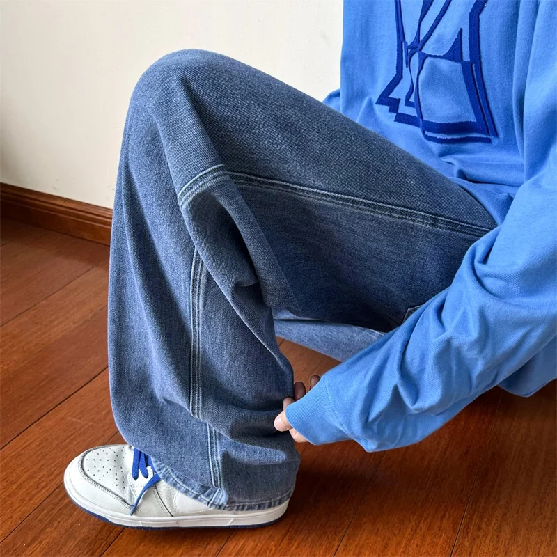 New Korean Fashion Men's Baggy Jeans High Street Man Straight Denim Wide-leg Pants Hip Hop Bagy Light Blue Grey Black - Image 7
