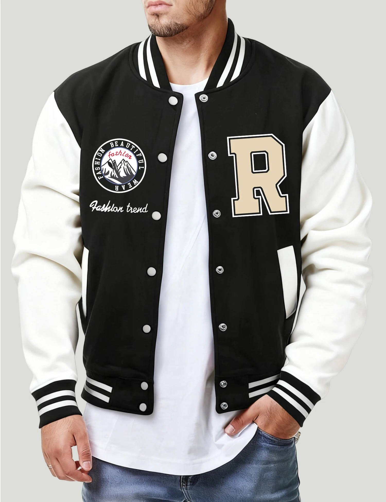 Natural Scenery And Letter R Design Baseball Jersey For Man Casual Loose Coat Fleece Autumn Jacket Unisex American Vintage Top
