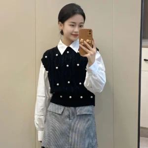 Alternative view of Round O Neck Vest Ladies Sweaters Cute Black Kawaii Knitted Top for Women Autumn Winter 2025 New Knitwear Jumper Modern Fashion