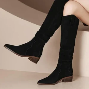 Middle Heel Shoes for Woman Footwear Elastic Long Winter Knee High Shaft Black