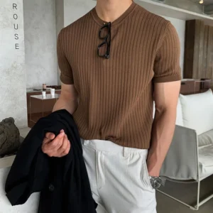 Slim Fit Knit T Shirt Men Round Neck Stripe Short Sleeve