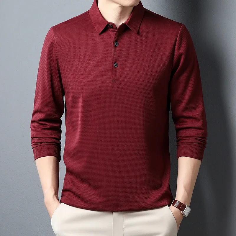 Men's Business Casual Polo Long Sleeve T-shirt Summer Comfortable Solid Cotton Top - Image 8