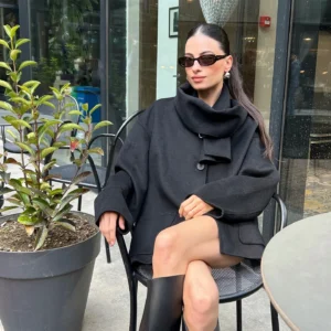 Alternative view of Woman‘s Coat 2025 Autumn Black Woolen Cardigan With Scarf Long Sleeve Crop Coat Chaqueta Casual Ropa De Mujer Street Outwear