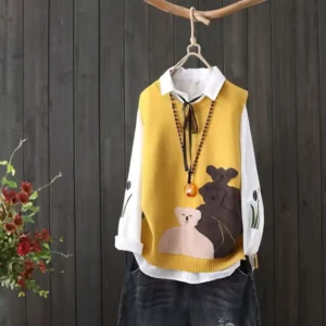 Round O Neck Knit Vests For Women Wear To Work The Trip Fashion Clothing 2025 Smooth Tops Waistcoat Casual Yellow Lady Sweaters