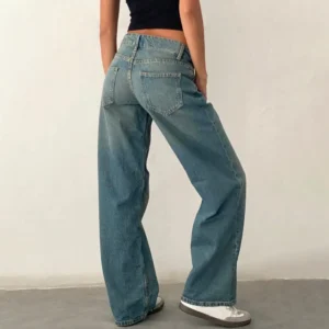 Women Jeans Waist Straight Wide Leg Button Zipper Denim Trousers With Pockets Women's Clothing