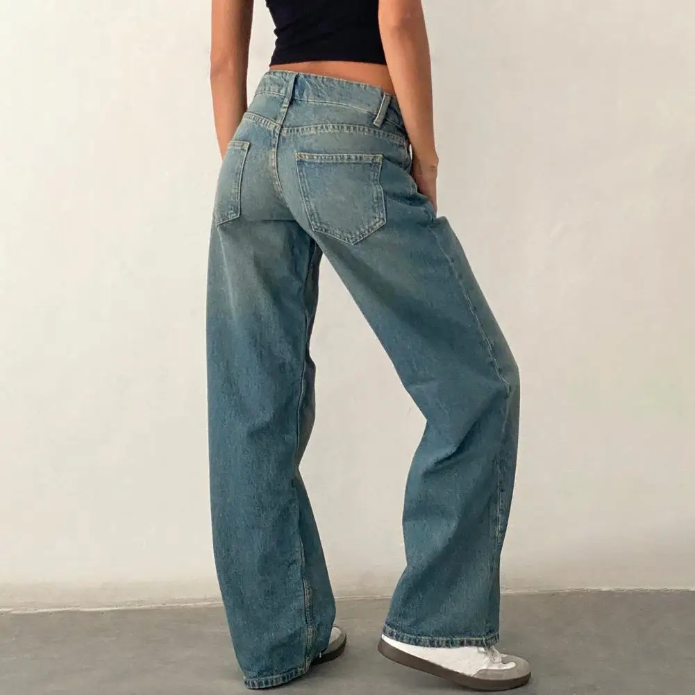 Women Jeans Waist Straight Wide Leg Button Zipper Denim Trousers With Pockets Women's Clothing