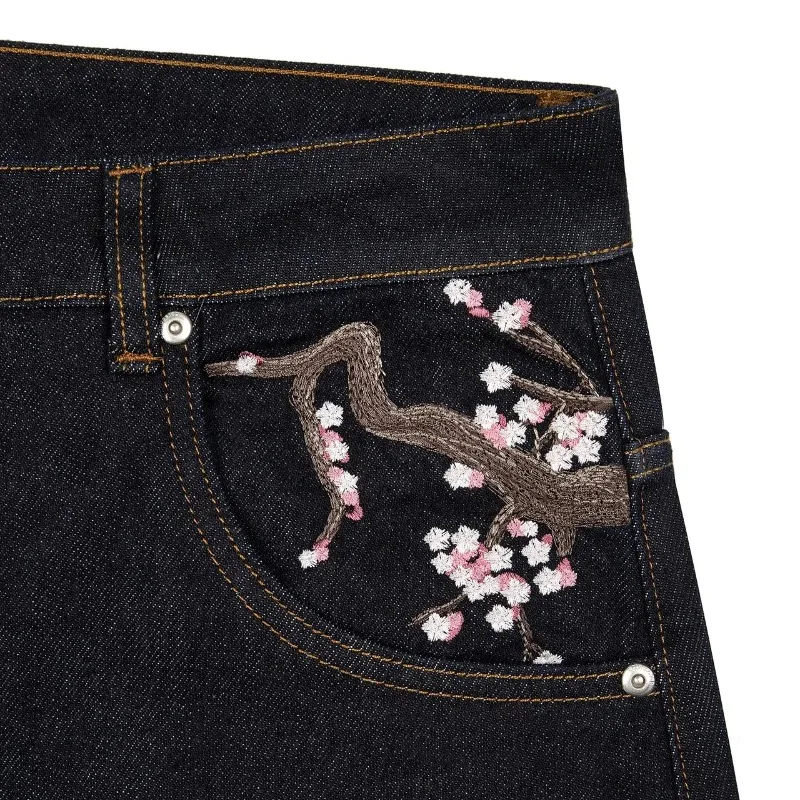 Y2K Baggy jeans Cherry Blossom Selvedge Embroidery Denim Pants men women denim fabric American Hiphop Streetwear Wide Leg Jeans - Image 3
