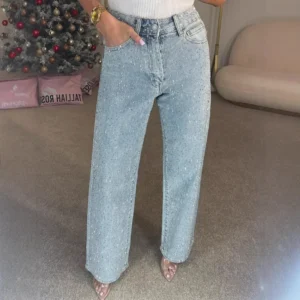 Alternative view of Jeans for Women Straight Diamonds Pants Stretch High Waist Washed Mom Jeans Vintage Denims Streetwear Y2k Streetwear Trousers