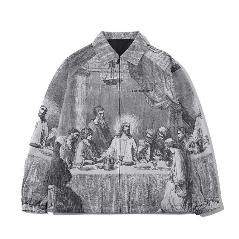 Autumn Men Jacket Oversized Painting Printing Couples Thin Casual Jackets Male Female Silk Vintage Clothing Man Coats Outerwear - Image 7