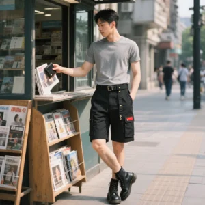 Men's multi pocket workwear shorts, casual cropped pants, outdoor loose straight leg shorts, solid color summer men's clothing