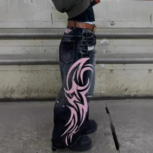 Baggy Pants for Women Jeans High Waisted Jeans Printed Washed American Retro Wide-Leg Denim Pants