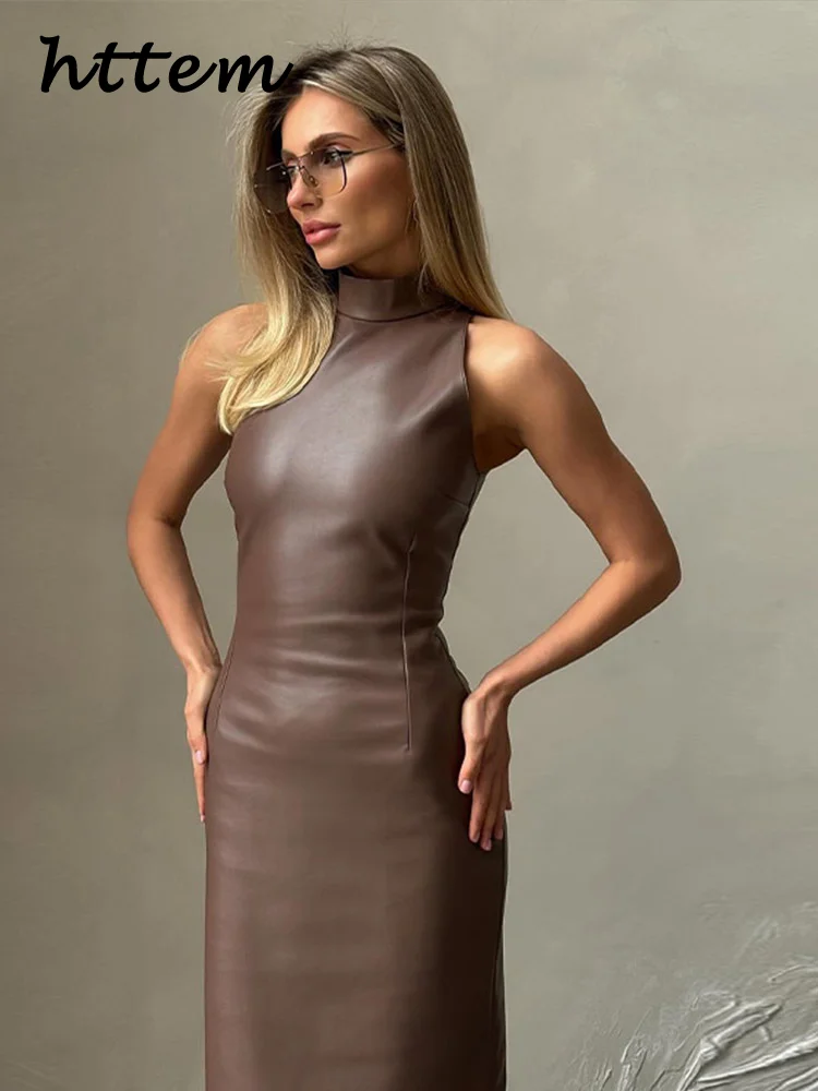 Vintage Midi Leather Dress Women Slim Turtleneck Sleeve - Image 4