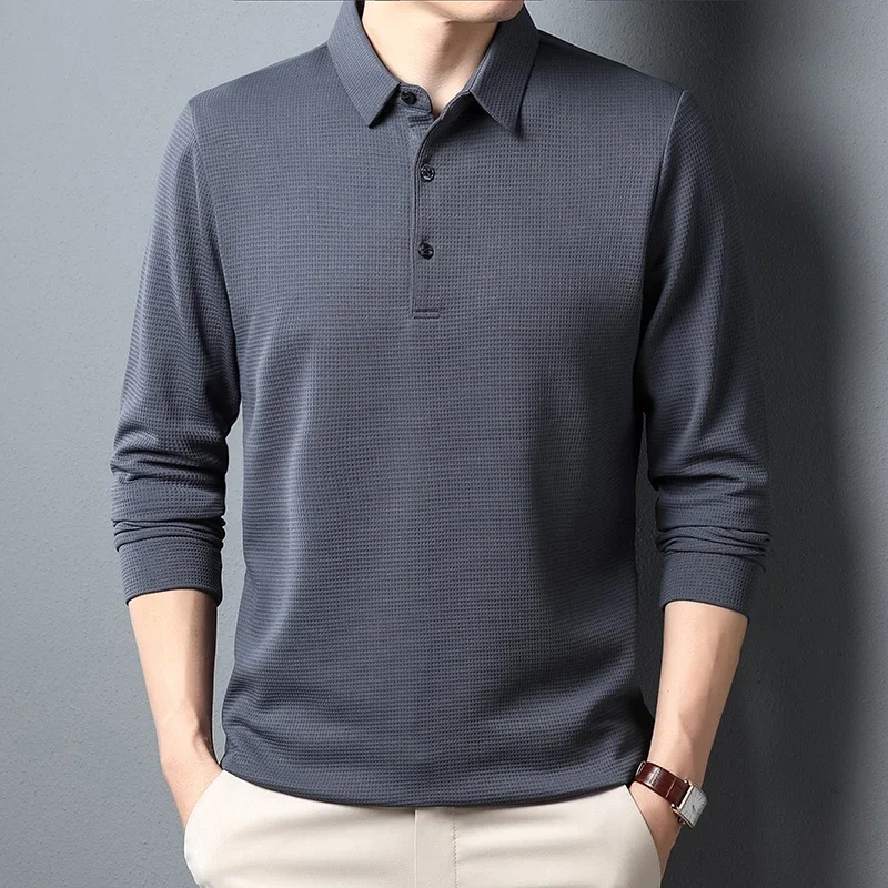 Men's Business Casual Polo Long Sleeve T-shirt Summer Comfortable Solid Cotton Top - Image 11