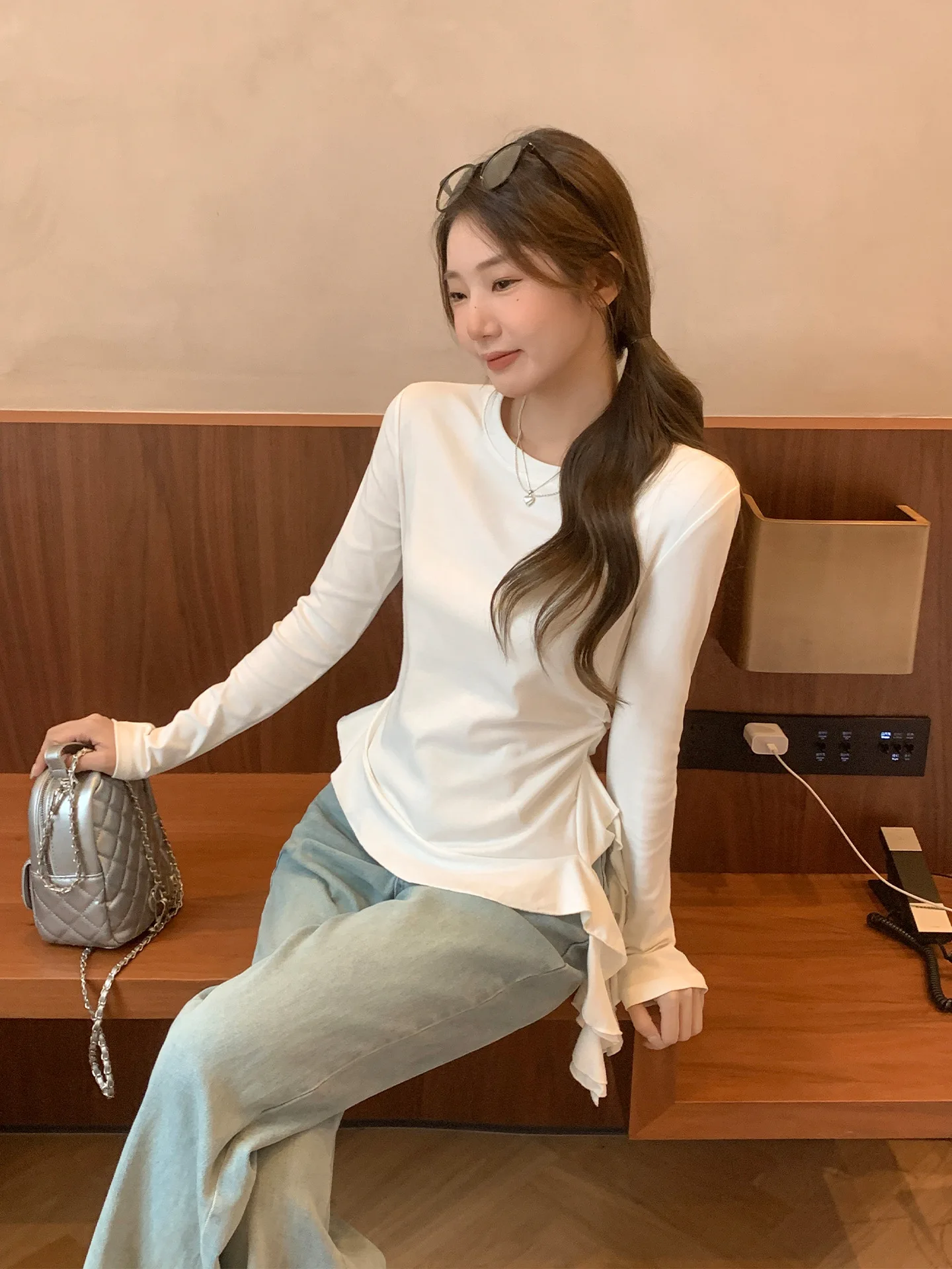 Round Neck Irregular Ruffle Hem Long Sleeve T-Shirt Women Slim Fit Underwear Base Layer Top - Image 7