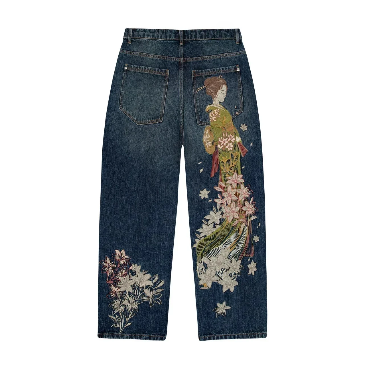 Y2K Baggy jeans Cherry Blossom Selvedge Embroidery Denim Pants men women denim fabric American Hiphop Streetwear Wide Leg Jeans - Image 10