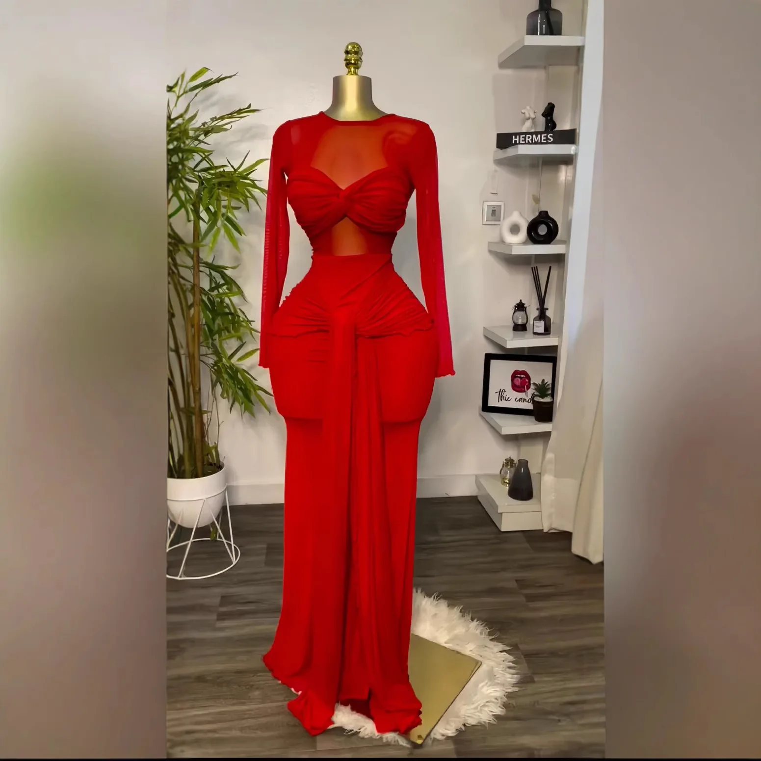 Round Neck Spring Summer Elegant Long-sleeved Solid Color Long Dress Women's Hip-covering Slim-fitting Sexy Chest-covering Dress - Image 3