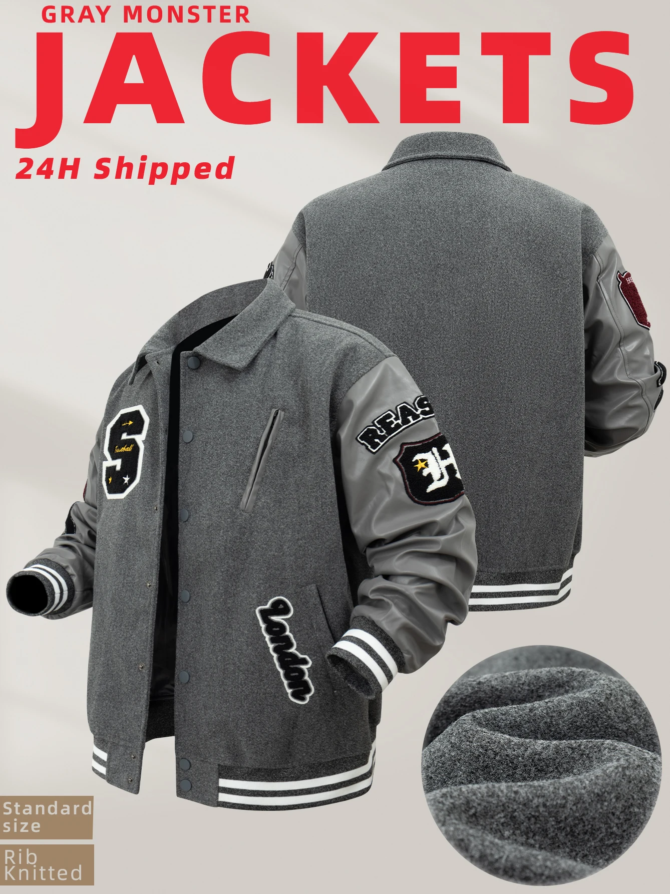 Men's Varsity Jacket Faux Leather Sleeve Vintage Motorcycle Coat Lertterman Bomber Lapel Collar Spring/Autumn Baseball Outerwear - Image 7