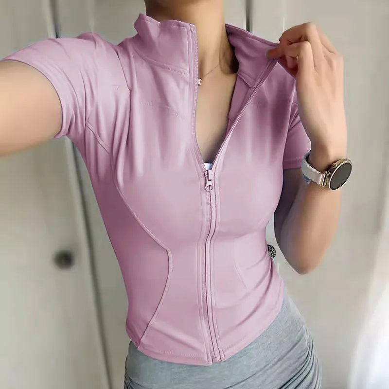 Women Sport T Shirts Slim Fit Quick-drying Full Zip Tops Outdoor Fitness Running Tights Short Sleeves Women's Yoga Wear - Image 8