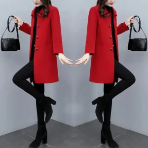 Alternative view of Red Women's Woolen Coat  2024 New Fashion Autumn Winter Jacket Outwear