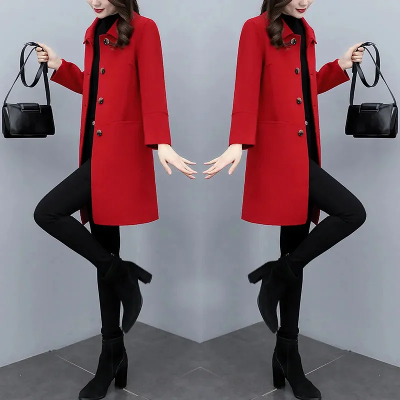 Red Women's Woolen Coat 2024 New Fashion Autumn Winter Jacket Outwear - Image 2