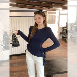 Alternative view of Round Neck Irregular Ruffle Hem Long Sleeve T-Shirt Women Slim Fit Underwear Base Layer Top