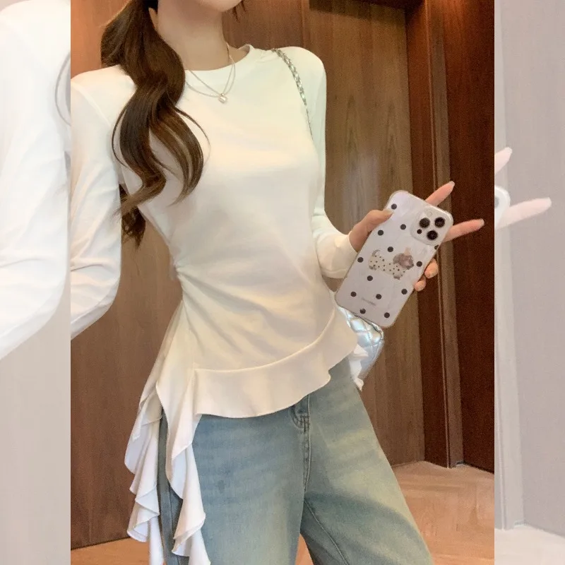 Round Neck Irregular Ruffle Hem Long Sleeve T-Shirt Women Slim Fit Underwear Base Layer Top - Image 4