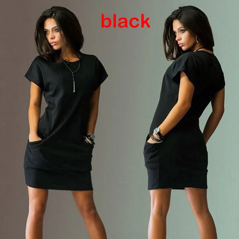 Women Dress Solid Color Mini O Neck Office Pockets Dresses - Image 2