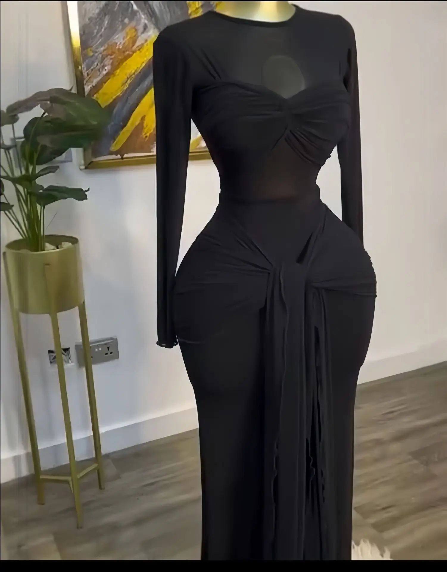 Round Neck Spring Summer Elegant Long-sleeved Solid Color Long Dress Women's Hip-covering Slim-fitting Sexy Chest-covering Dress - Image 7