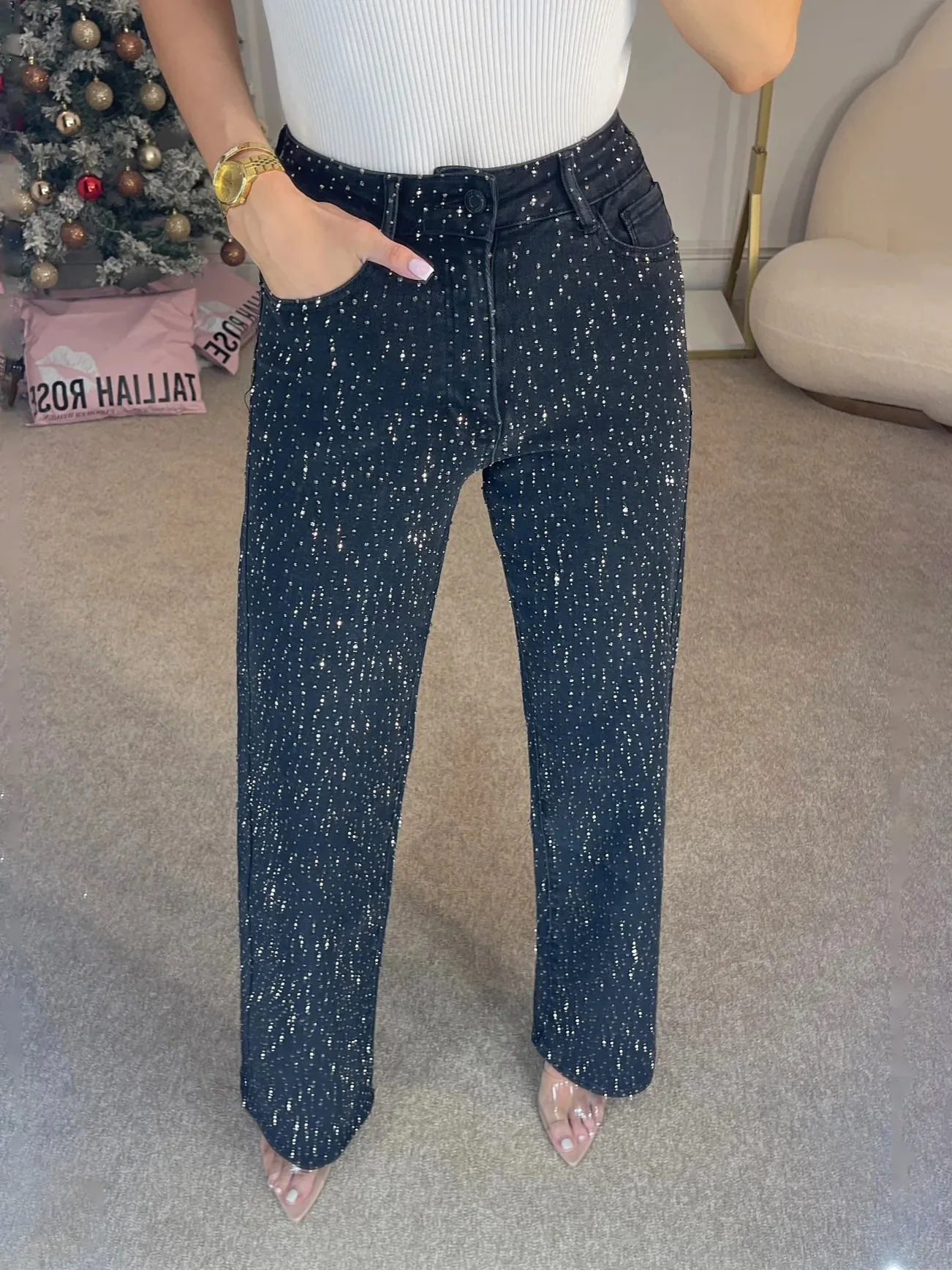 Jeans for Women Straight Diamonds Pants Stretch High Waist Washed Mom Jeans Vintage Denims Streetwear Y2k Streetwear Trousers - Image 7