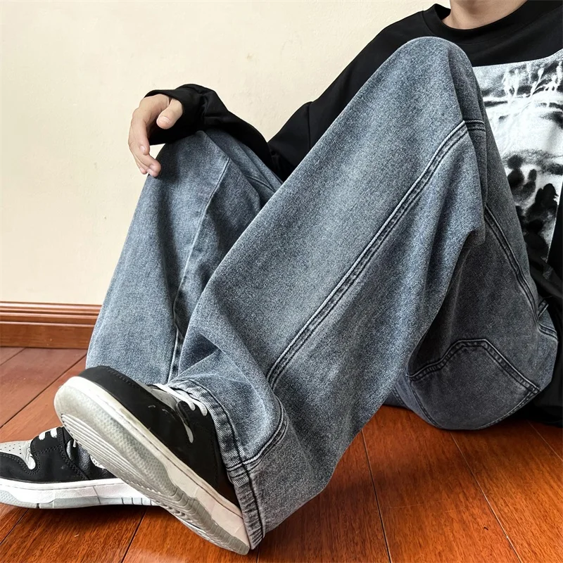 New Korean Fashion Men's Baggy Jeans High Street Man Straight Denim Wide-leg Pants Hip Hop Bagy Light Blue Grey Black - Image 3