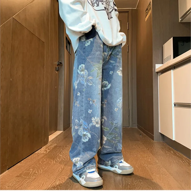 2024 baggy jeans men Floral Printed Jeans Korean Style Autumn Denim Pants High Street Loose Trousers Hip Hop Wide-leg Jean Pants - Image 2