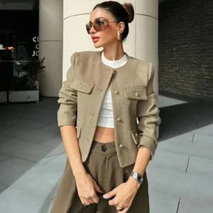 Alternative view of 2025 New Woman Jackets Outerwears Long Sleeve Cropped Fashion Jacket for Women Button Short Coats Elegant Women's Coat