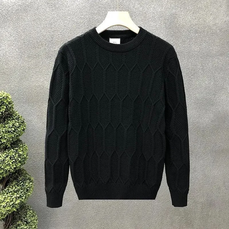 Men's Round Neck New Autumn and Winter Fashion Versatile Casual Sweater Solid Color Base Knit Sweater Loose Warm Top - Image 3
