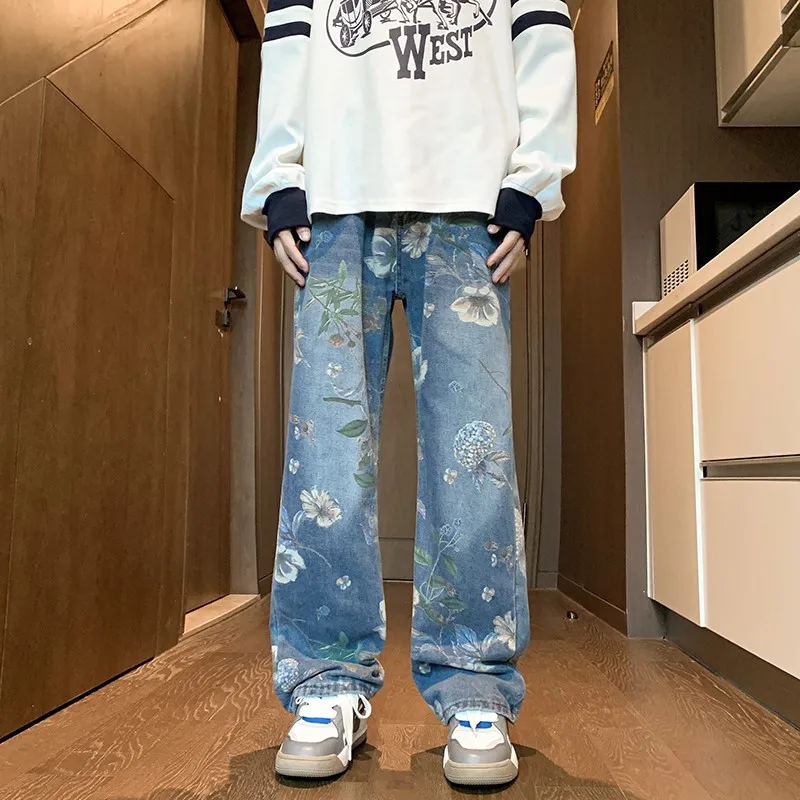 2024 baggy jeans men Floral Printed Jeans Korean Style Autumn Denim Pants High Street Loose Trousers Hip Hop Wide-leg Jean Pants - Image 4