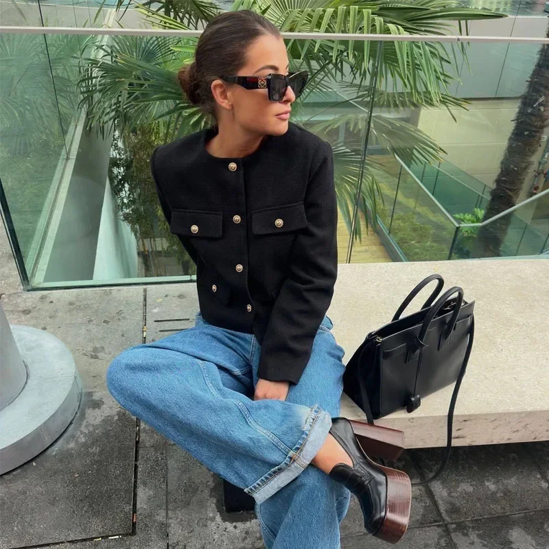 2025 New Woman Jackets Outerwears Long Sleeve Cropped Fashion Jacket for Women Button Short Coats Elegant Women's Coat - Image 3