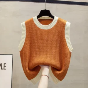 Round Neck Knitted Vest for Women 2025 Spring and Autumn New Style Loose Outer Vest Vest Color Matching Layered Sweater Vest