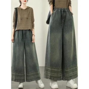 Alternative view of Jeans Women 2025 Autumn New Jeans Retro Heavy Industry Embroidery Ethnic Style Elastic Waist Casual Oversized Wide Leg Pants