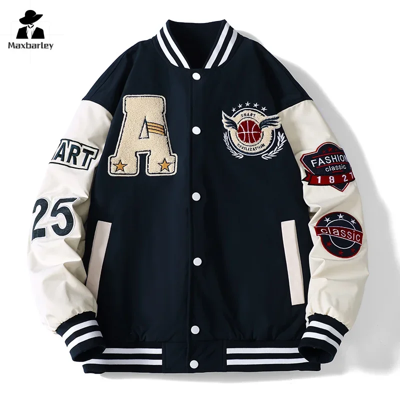 Campus Baseball Jacket Men's Autumn Hip-hop Harajuku Stitching Letter Embroidered Motorcycle Jacket Loose Couple Windproof Coat - Image 5