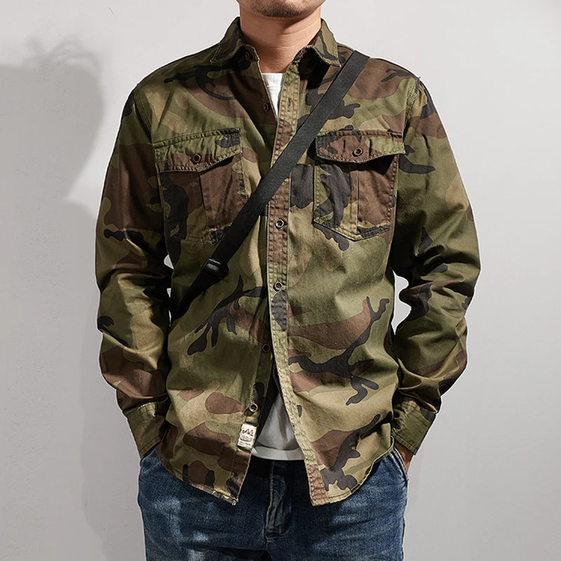 Military Style Camouflage Shirt MenMulti Pocket Cargo Blouse