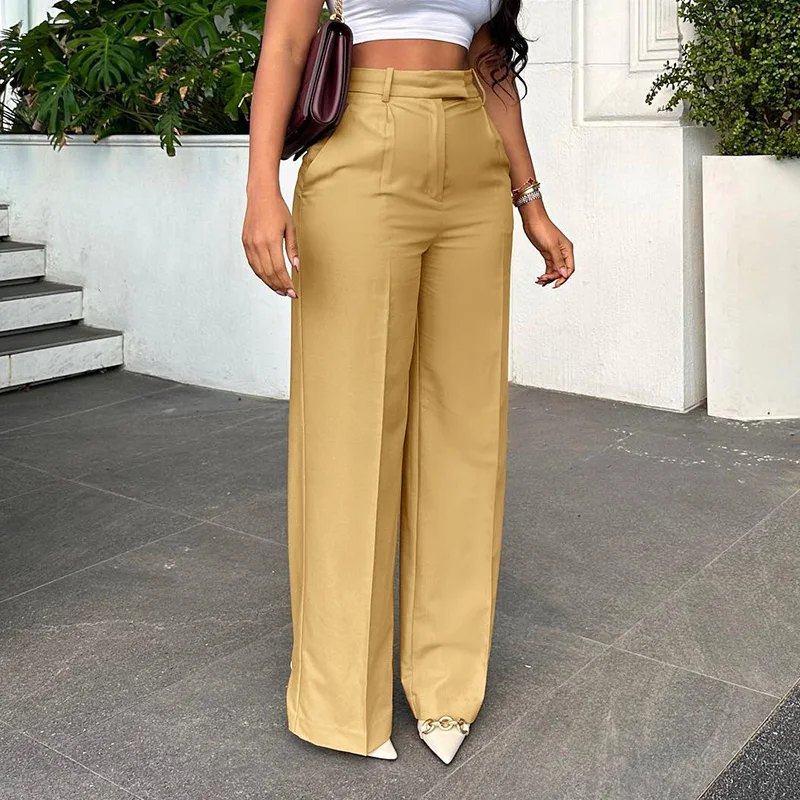 Straight Dress Pants with Pocket Women Plain Color Business Casual Pants - Image 2