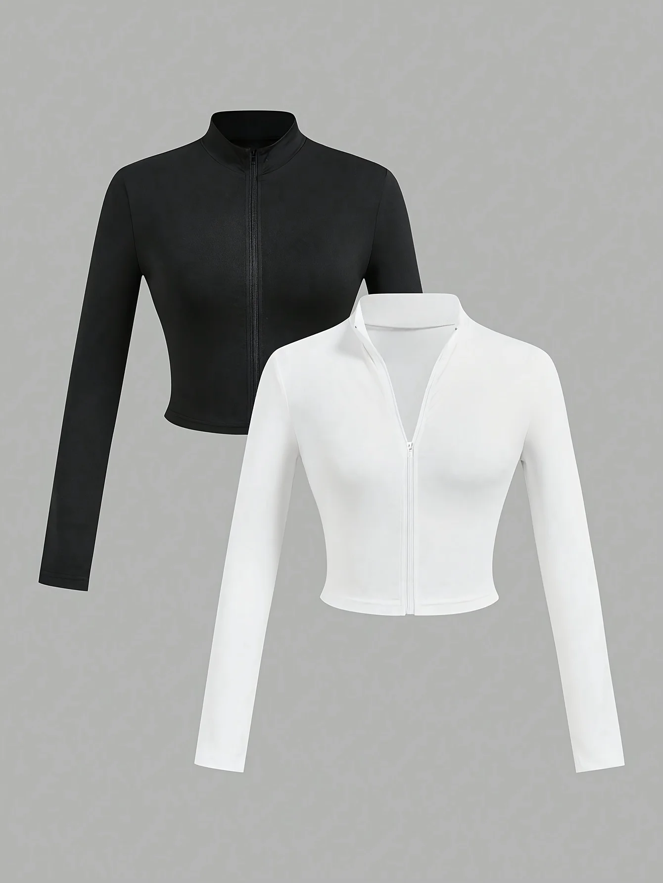 Women's round neck spring and autumn zipper slim solid color T-shirt two-piece set