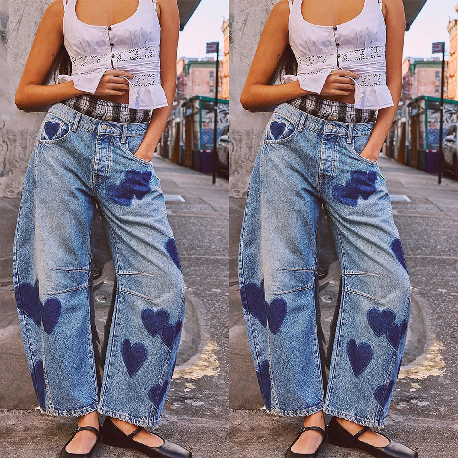 Women's Wide Leg Jeans Trendy Ladies Washed Denim Pants Chic Heart Print Jeans Modern Relaxed Fit Denim Bottoms Fashion Jeans - Image 3