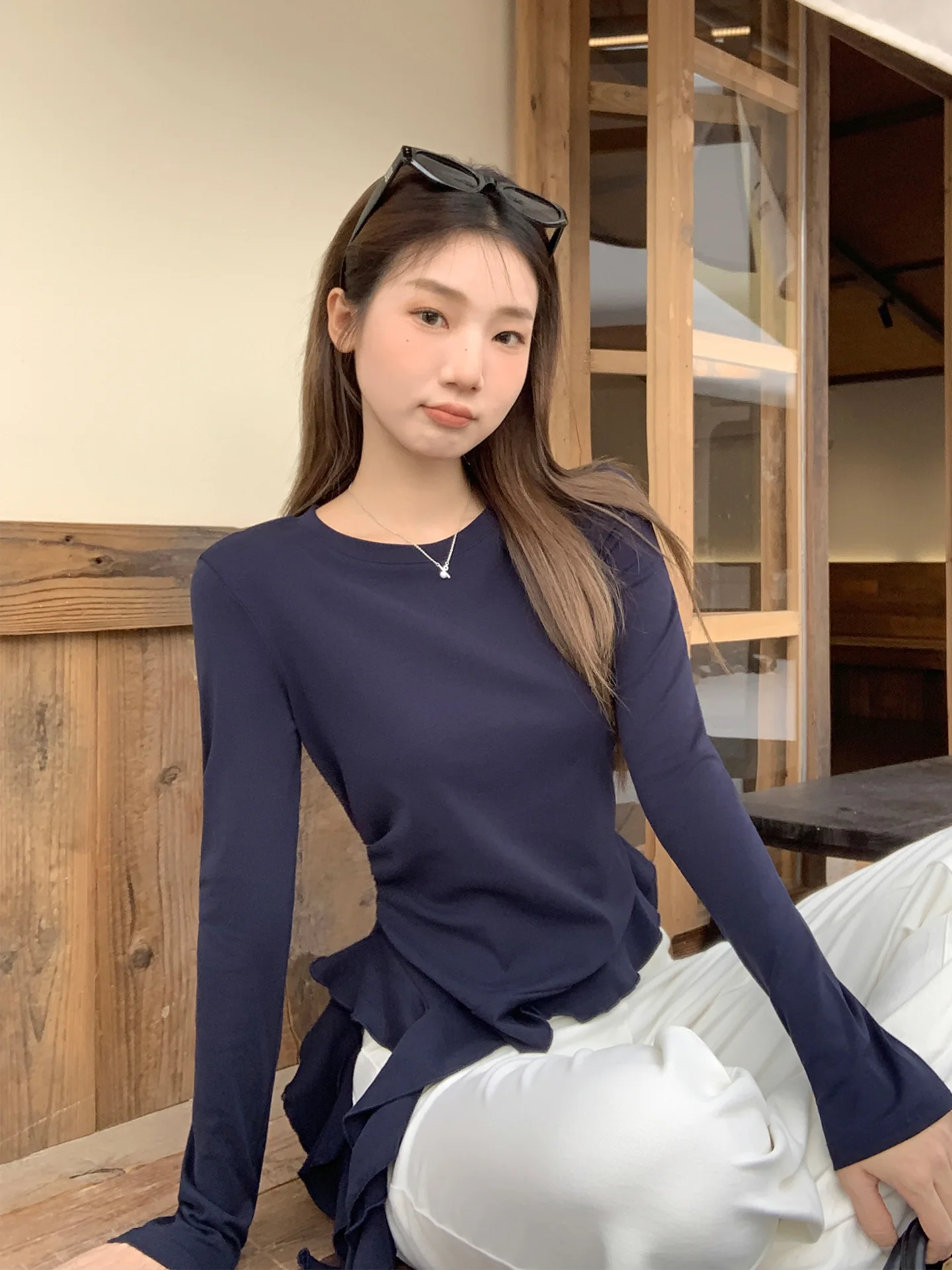Round Neck Irregular Ruffle Hem Long Sleeve T-Shirt Women Slim Fit Underwear Base Layer Top - Image 8