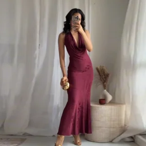 Alternative view of Elegant Party Dresses For Women Red Lace Up Sleeveless Deep V Neck Long dress
